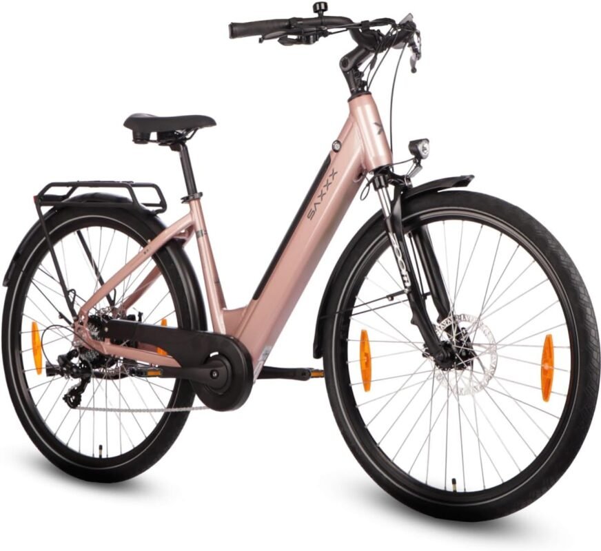SAXXX E Bike Damen 28 Zoll Tiefeinsteiger mit 36V 13Ah Akku, Elektro Fahrrad Erwachsene mit Scheibenbremse, 7 Gang Kettenschaltung Pedelec mit Federgabel, Gepäckträger für Damen/Frauen Herren/Männer